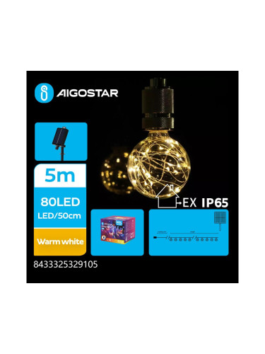 Aigostar - LED Соларни коледни лампички 10xLED/8 функции 6,5 м IP65 топло бял