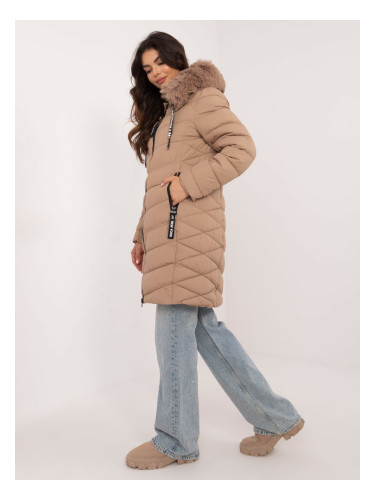 Beige long winter jacket with hood