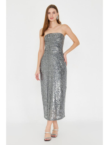 Trendyol Silver Bodycon Strapless Sequin Elegant Evening Dress