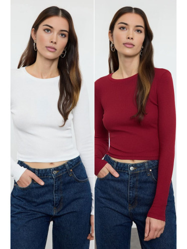 Trendyol Ecru-Burgundy Package Body-Sit Crew Neck Ribbed Crop Flexible Knitted Blouse