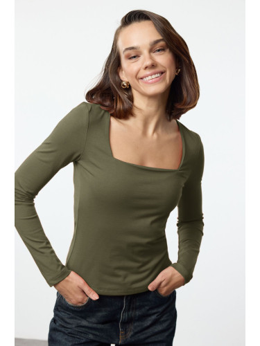 Trendyol Khaki Cotton Square Collar Regular Fit Knitted Thin Blouse