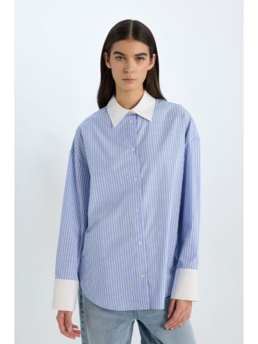 DEFACTO Oversize Wide Fit Striped Poplin Long Sleeve Shirt