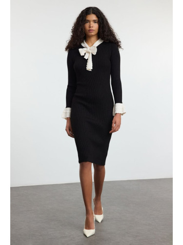 Trendyol Black Regular Collar Tie Detailed Knit Dress