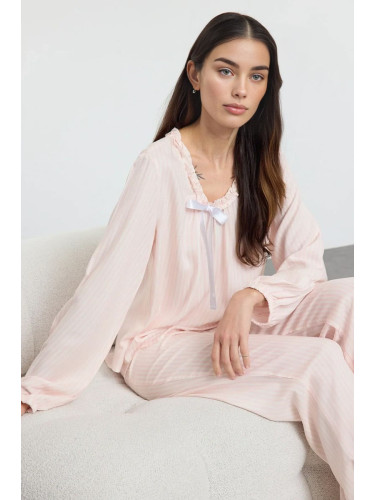 Trendyol Pink Striped Ruffle and Ribbon/Bow Detailed Woven Pajama Set