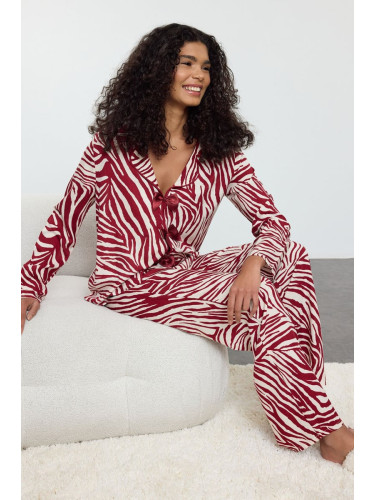 Trendyol Claret Red Plain Bow Shally Woven Pajama Set