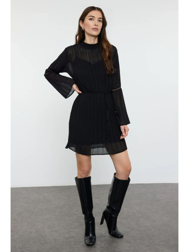 Trendyol Black Belted Pleated Mini Woven Winter Dress with Opening Waist Skirt