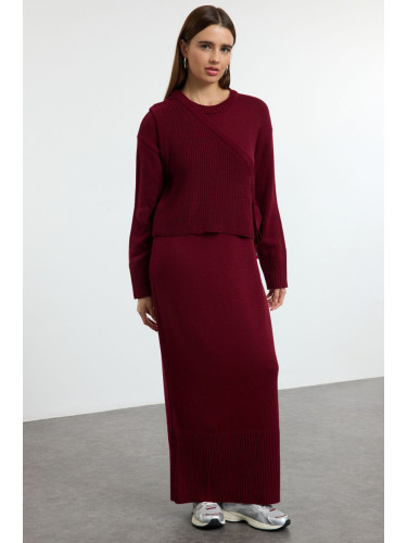 Trendyol Claret Red Knitted Cardigan Dress Bottom-Top Set