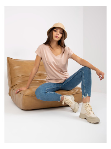 Beige cotton V-neck t-shirt BASIC
