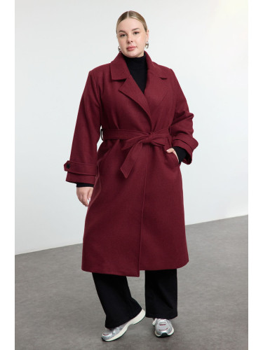 Trendyol Curve Claret Red Regular Fit Wide Collar Detailed Long Wool Blend Cashmere Coat