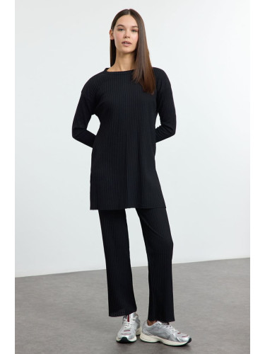 Trendyol Black Slit Blouse Palazzo Bottom Ribbed Stretchy Knitted Bottom-Top Suit