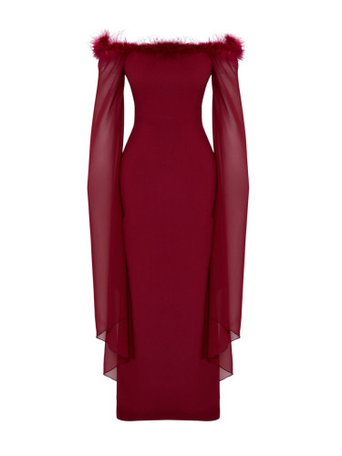 Trendyol Burgundy Sleeve Detailed Otrish Long Night Evening Dress