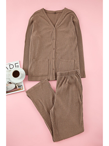 Trendyol Curve Mink V-Neck Buttoned Knitted Pajama Set