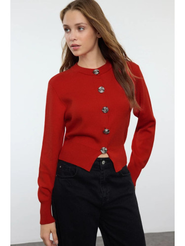 Trendyol Dark Red Premium Yarn/Special Yarn Crop Rose Button Detail Knitted Cardigan