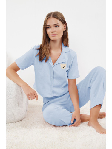 Trendyol Light Blue Plain Embroidered Camisole Knitted Pajamas Set