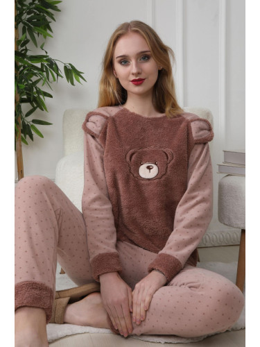 Trendyol Brown Bear and Polka Dot Wellsoft Winter Knitted Pajama Set