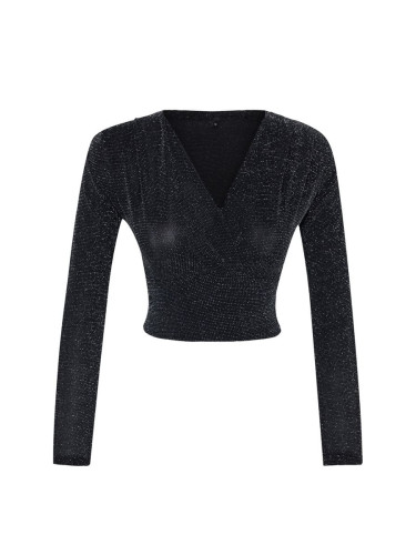 Trendyol Anthracite Crop V Neck Silvery Knitted Blouse