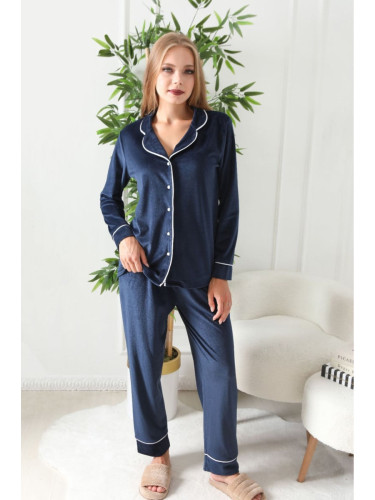 Trendyol Navy Blue Piping Detailed Velvet Knitted Pajama Set