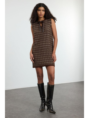 Trendyol Brown Textured Mini Tweed Look Knit Dress