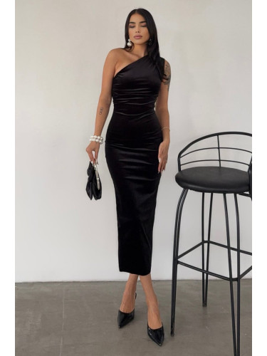 Trendyol Black Fitted One Shoulder Velvet Knitted Dress