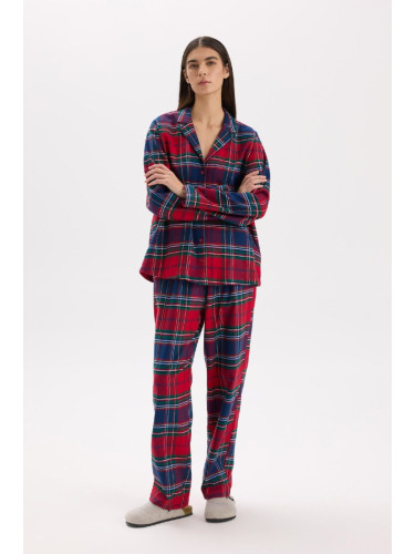 DEFACTO Fall in Love Pajama Set Plaid Flannel Long Sleeve Top Flexible Waist Long Bottom