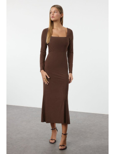 Trendyol Brown Maxi Flounce Square Neck Body-Smoothing Flexible Knit Dress