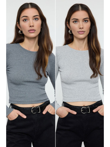 Trendyol Anthracite-Grey Pack Body-Smoothing Crew Neck Ribbed Crop Flexible Knitted Blouse