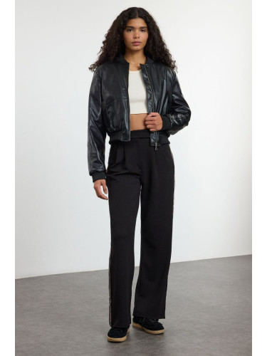 Trendyol Black Velcro Side Stripe Detail High Waist Pleated Wide Leg Knitted Trousers