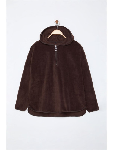 Trendyol Curve Brown Thick Fleece Hooded and Zippered Oversize/Wide Pattern Knitted Sweatshirt