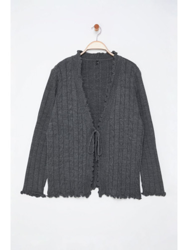 Trendyol Curve Anthracite Hair Knit Patterned Tied Knitwear Cardigan