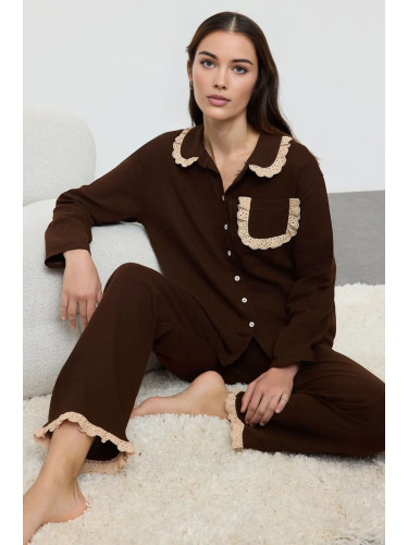 Trendyol Brown 100% Cotton Embroidered and Pocket Detailed Muslin Woven Pajama Set