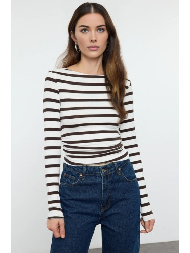 Trendyol Brown Brown Striped Fitted/Fits on the Body Gathered Detail Flexible Knitted Blouse