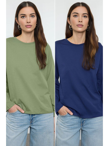 Trendyol Navy Blue-Khaki 2-Pack 100% Jersey Oversize/Wide Cut Knitted T-Shirt