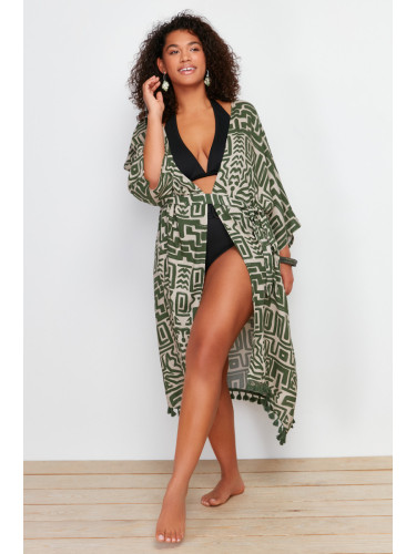 Trendyol Curve Multicolored Hem Tasseled Bat Sleeve Viscose Beach Wear Kimono & Kaftan