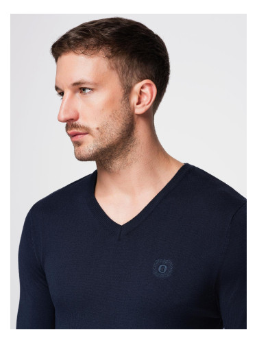 Ombre Men's elegant BASIC V-neck sweater with viscose - navy blue