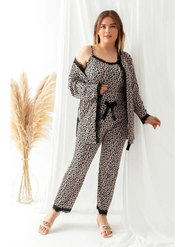 Trendyol Curve Multicolor Leopard Print 3-Pack Knitted Pajamas Set with Lacing and Lace Detail