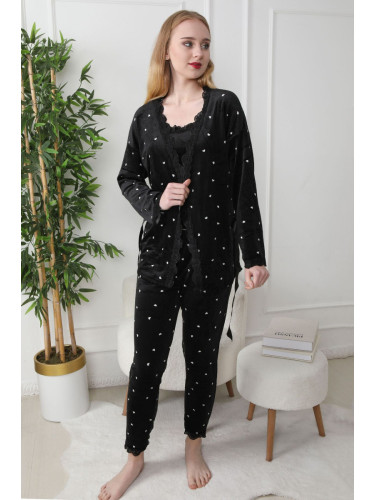 Trendyol Black 3-Piece Belted Heart Lace Detailed Velvet Knitted Pajama Set