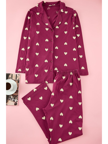 Trendyol Curve Cherry Heart Shirt Collar Knitted Pajama Set