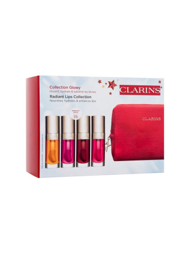 Clarins Lip Comfort Oil Radiant Lips Collection Подаръчен комплект масло за устни Lip Comfort Oil 7 ml 01 Honey + масло за устни Lip Comfort Oil 7 ml 02 Raspberry + масло за устни Lip Comfort Oil 7 ml 03 Cherry + масло за устни Lip Comfort Oil 7 ml 04 Pitaya + козметична чантичка