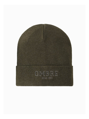 Ombre Men's knitted beanie cap with embroidered inscription - olive