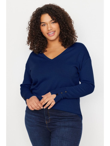 Trendyol Curve Navy Blue V Neck Button Detailed Knitwear Sweater