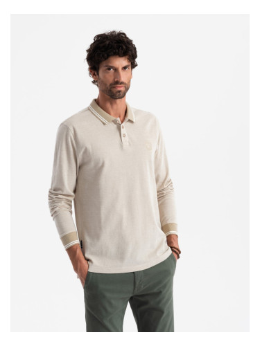 Ombre Men's melange polo longsleeve with embroidery - sand melange