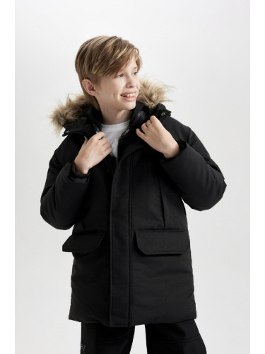 DEFACTO Boy's Parka Coat Detachable Faux Für Collar Hooded Plush Lining