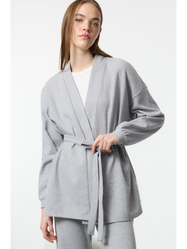 Trendyol Grey Melange Belted Waffle Fabric Knitted Pajama Set