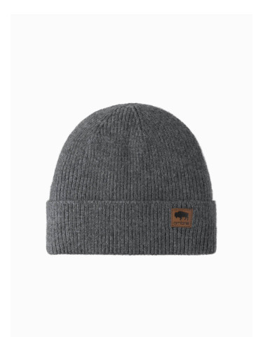 Ombre Men's knitted beanie cap with patch - grey melange