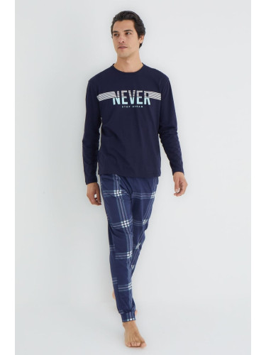 Trendyol Navy Blue Regular Fit Plaid Knitted Pajamas Set