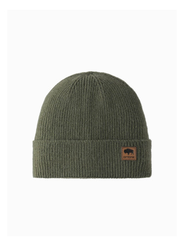 Ombre Men's knitted beanie cap with patch - olive