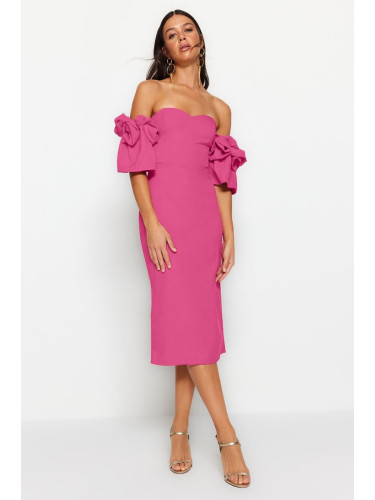 Trendyol Fuchsia Rose Accessory Detailed Woven Elegant Evening Dress