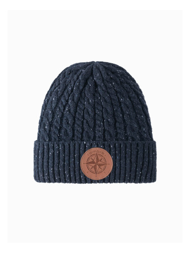 Ombre Men's beanie cap with round embossed patch - navy blue