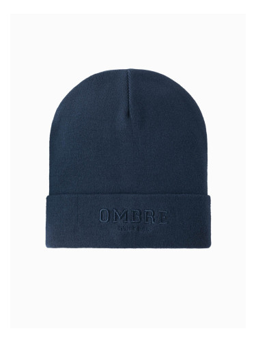 Ombre Men's knitted beanie hat with embroidered inscription - navy blue