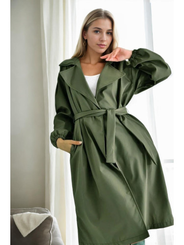 40345 Dewberry Belted Balloon Sleeve Women Trenchcoat-Khaki